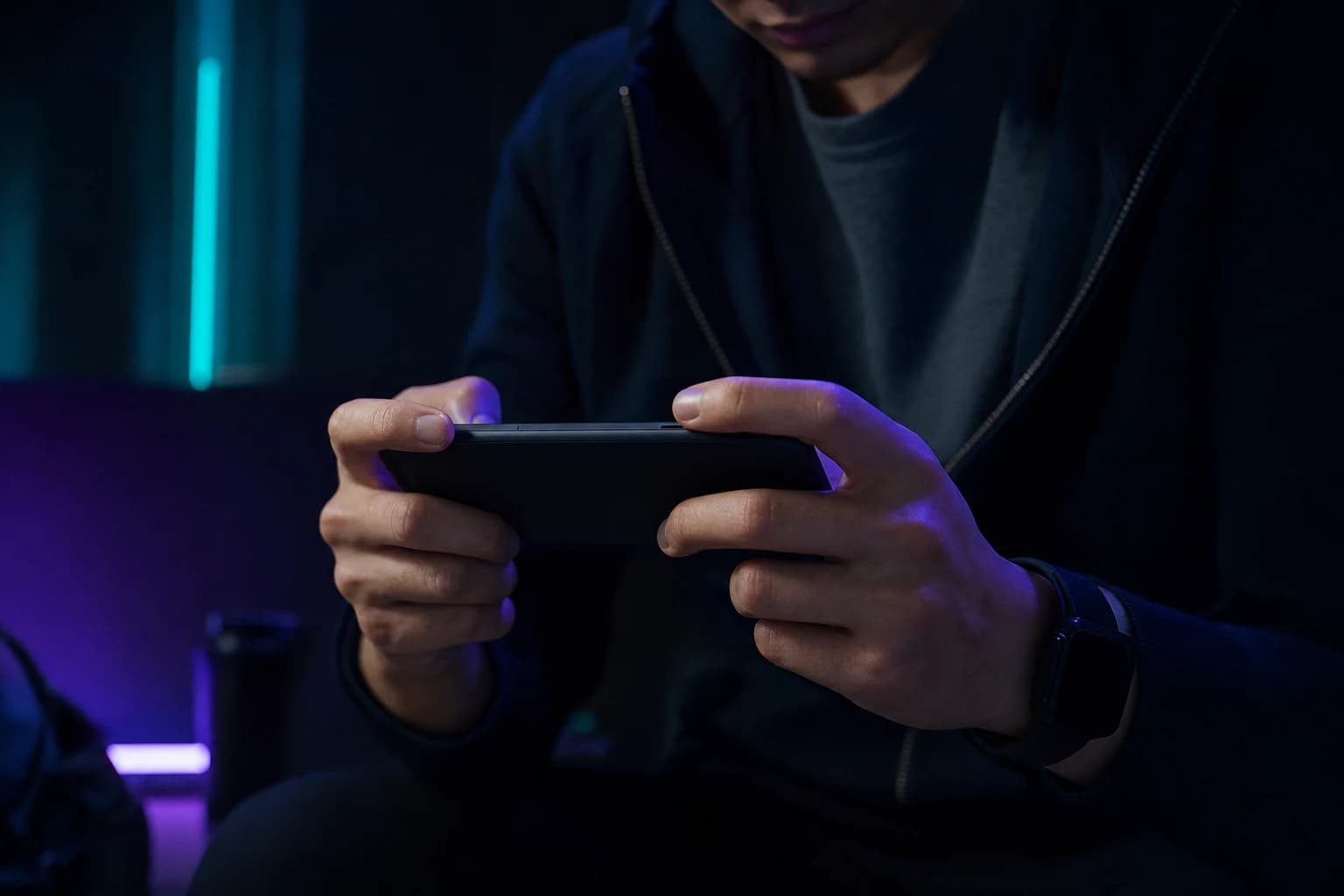 A player holding a small device during a focused break
